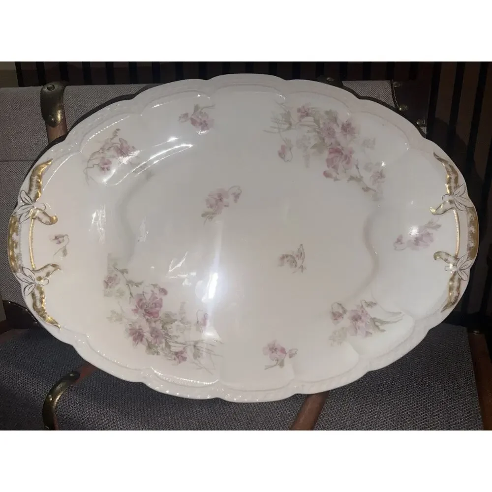 Antique Haviland Limoges Platter Pink Roses Gold Handles D.F. Richardson Detroit